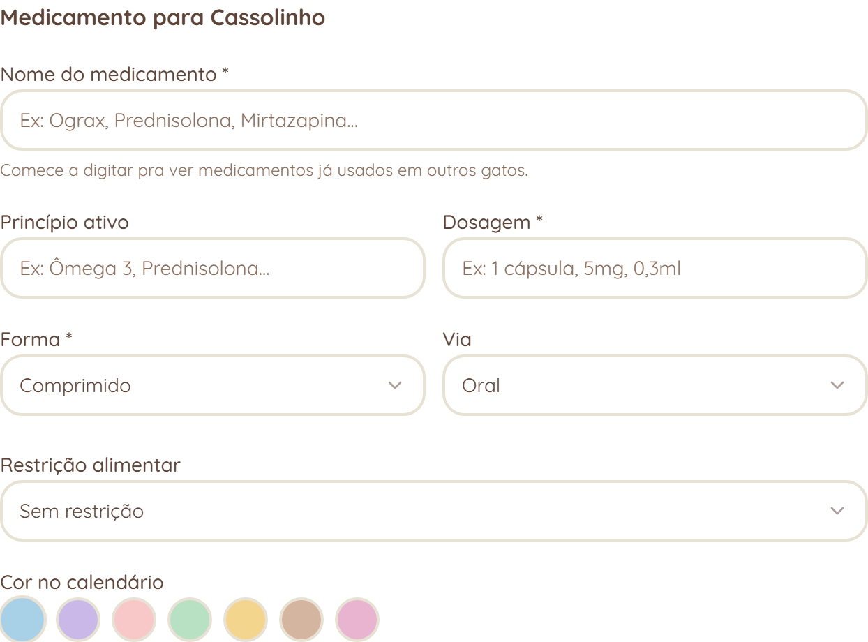Os campos de identificação do remédio (nome, dosagem, forma, restrição).