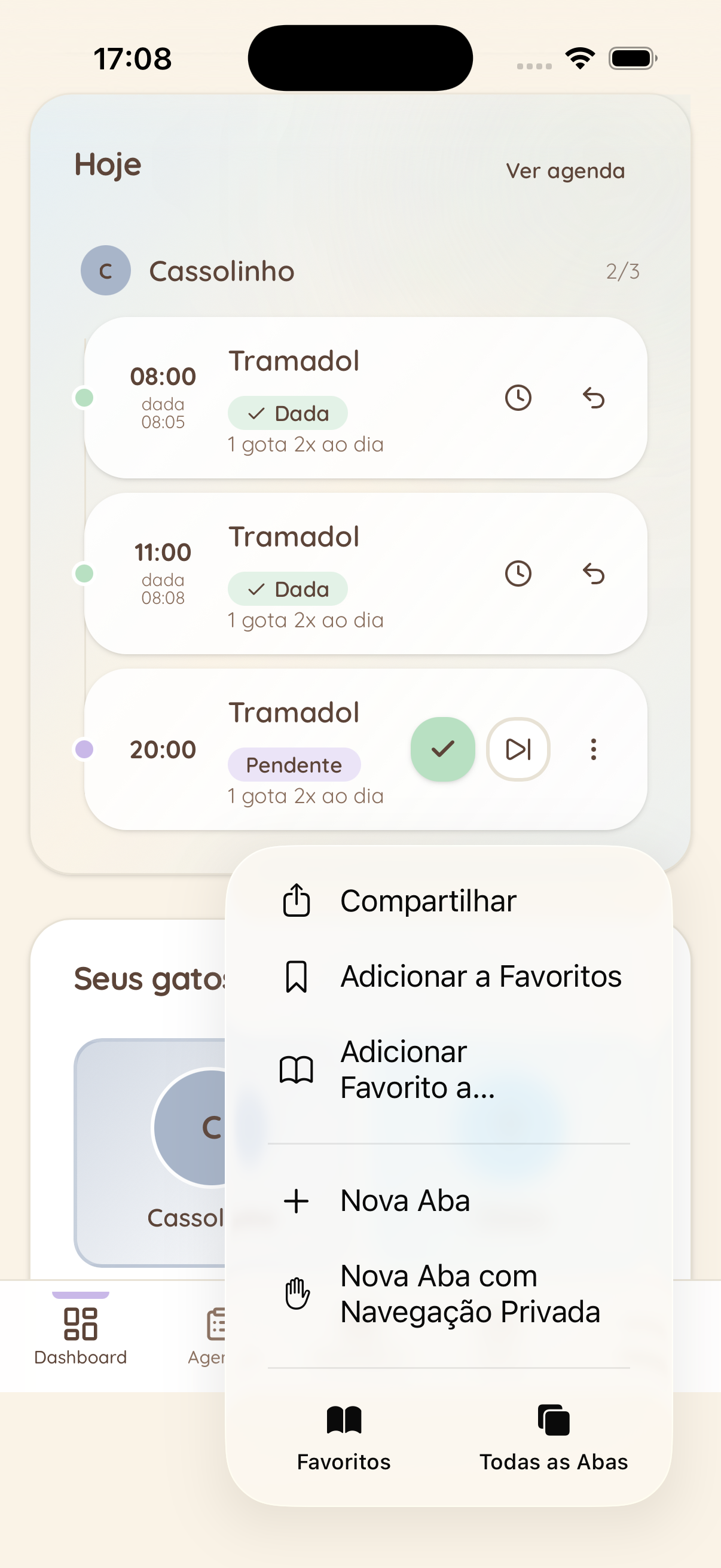 Menu do Safari iOS aberto pelo botão '…', mostrando 'Compartilhar' como primeira opção.