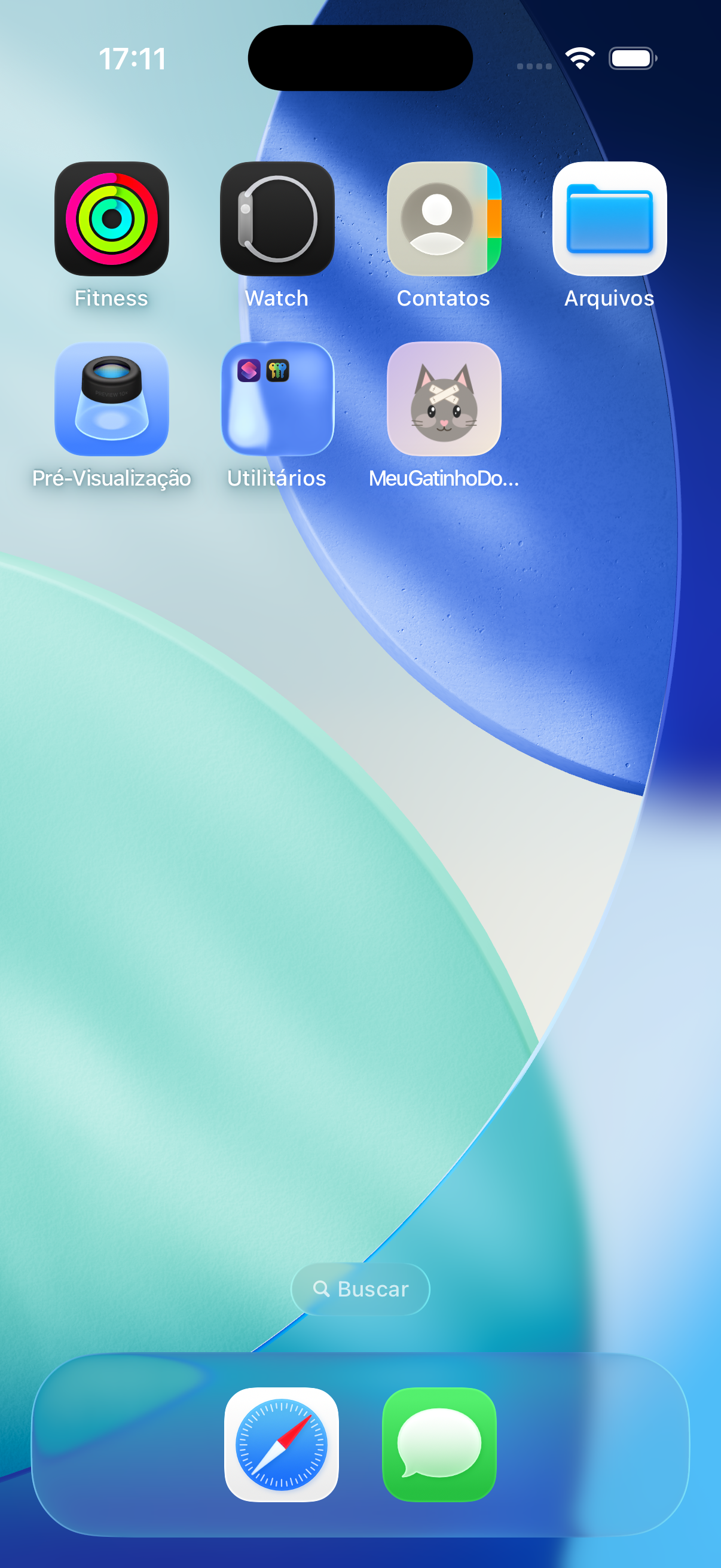 Tela inicial do iPhone com o ícone 'MeuGatinhoDo...' instalado entre os outros apps.