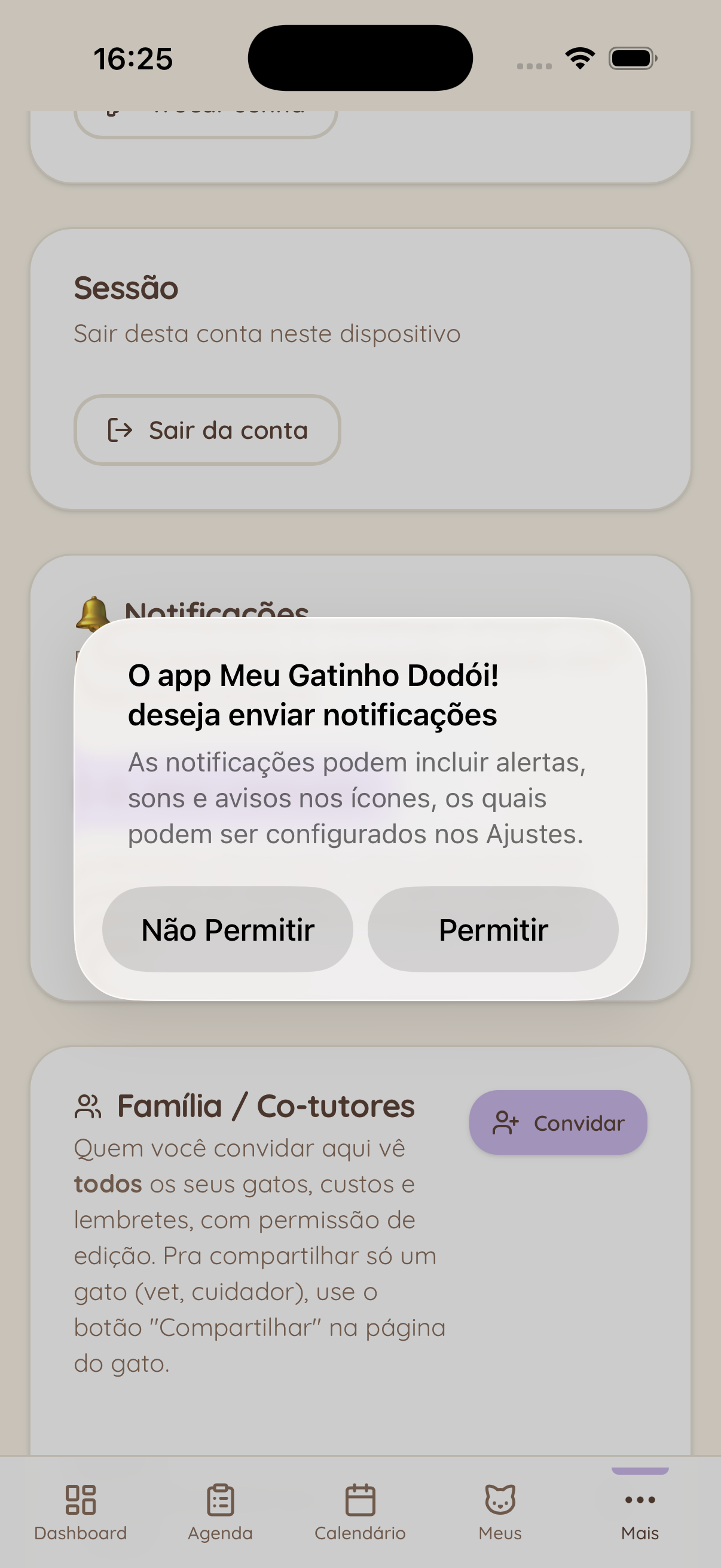 Diálogo nativo do iOS pedindo permissão pra enviar notificações.